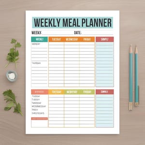 Planificateur de repas hebdomadaire imprimable | Modèle de toile de 4 pages | liste de courses, notes de recettes, préparation de repas | A4 et lettre US | Téléchargement instantané