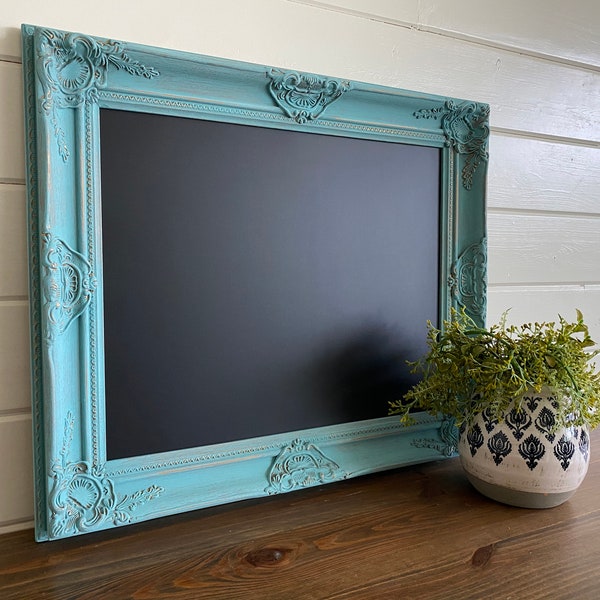 Teal ORNATE CHALKBOARD Magnetic Chalkboard 22"x26" Framed Magnet Board Turquoise Wall Decor Vision Board Home Office Decor Beach House