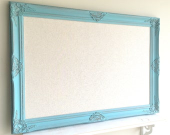 Large BULLETIN BOARD Teal Turquoise Blue Linen Fabric Board Wedding Seating Chart Holder Distressed Wall Decor Gold Vintage Framed Magnet