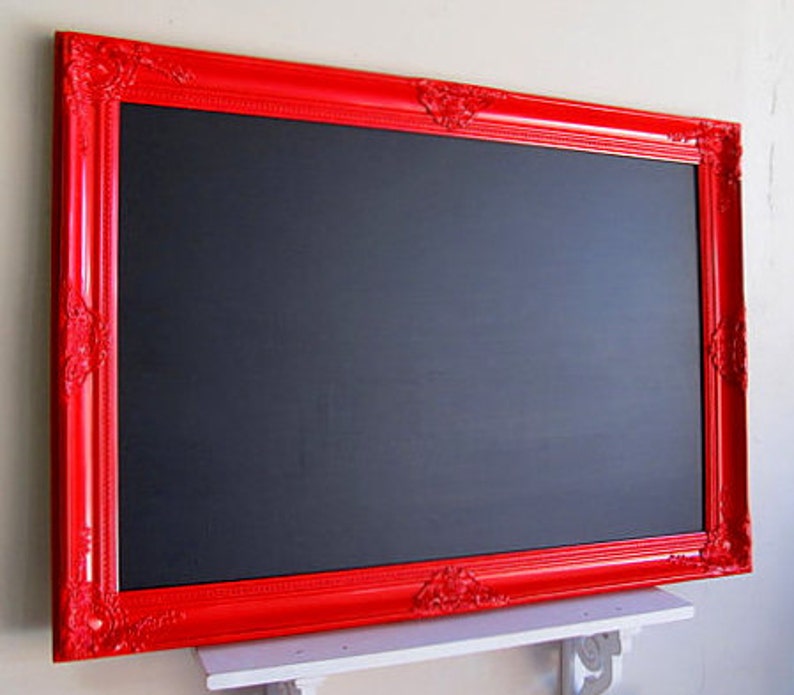 LARGE MAGNETIC CHALKBOARD Framed Blackboard Red Kitchen Chalkboard Modern Kitchen Message Center Black Board Kids Artwork Magnet Board image 1