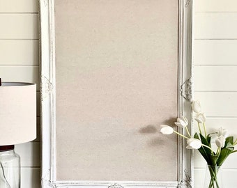 Fabric BULLETIN BOARD Fabric Memo Board Framed Linen Pinboard Vintage White Distressed Home Office Cork Board Farmhouse Wall Organizer