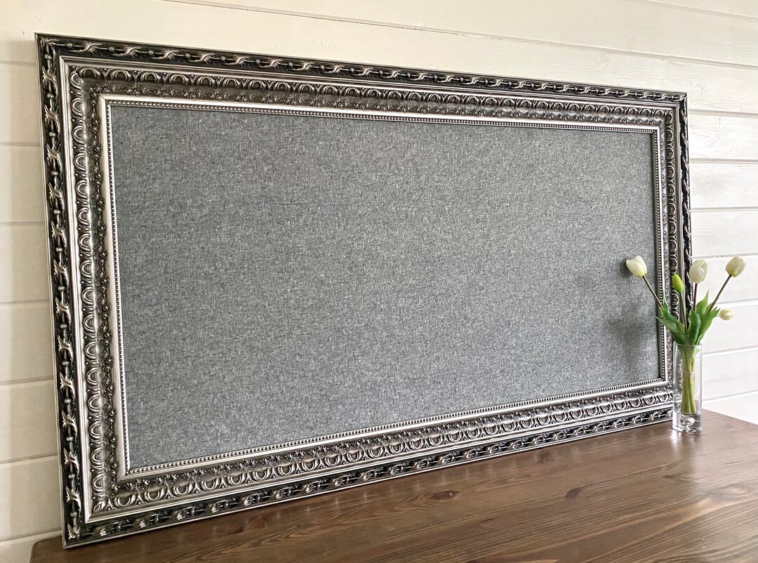 Large MEMO BOARD Grey Fabric Linen Board Huge Bulletin Board Silver Black Framed Pinboard Wall