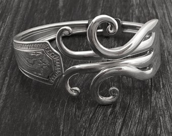 Statement Bracelet, Spring Hinged Fork Bracelet in Fancy Design 6, Recycled Flatware Jewelry
