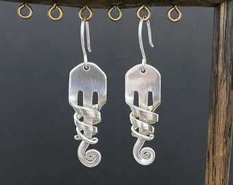 Dainty Sterling Silver Spiral Drop Dangle Fork Earrings - 'Aurora'