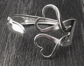 Double Heart Fork Bracelet, Silver Heart Jewelry, Recycled Fork Jewelry, Flatware Silverware Cuff Bracelet