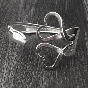Double Heart Fork Bracelet, Silver Heart Jewelry, Recycled Fork Jewelry, Flatware Silverware Cuff Bracelet