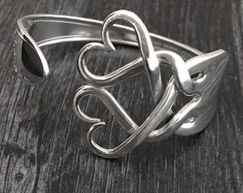 Pulseira de garfo de prata, joias de casamento ecológicas, algo antigo, design de corações trançados