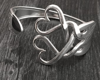 Bransoletka Fork w stylu Weaving Hearts Design, wyjątkowa biżuteria, biżuteria z recyklingu, przetworzonego srebra vintage, bransoletki z serca