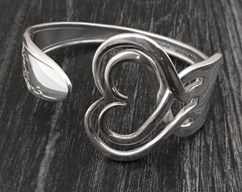 Silver Heart Bracelets, Fork Cuff in Heart Design 4, Recycled Eco Friendly Unusual Jewelry, Made from Flatware Silverware