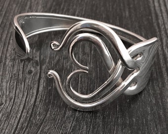 Silver Heart Jewelry, Sustainable Cuff Fork Bracelet in Heart Design 3, Repurposed Jewelry, Upcycled Silverware Bracelet