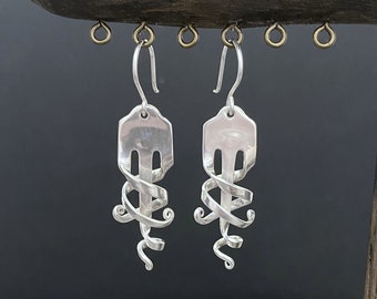 Sterling Silver Scrolled Drop Dangle Fork Earrings - 'Ribbon Dancing'