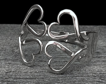 Silver Heart Jewelry for Women, Double Fork Bracelet in Double Hearts Design, Eco Friendly Recycled Silverware