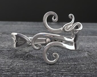 Spring Hinged Fork Bracelet in Fancy Design 7, Flatware Jewelry, Big Bulky Bracelets