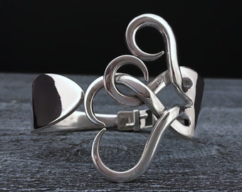 Heart Jewelry, Spring Hinged Fork Bracelet in Intertwining Hearts Design, Big Bulky Bracelets