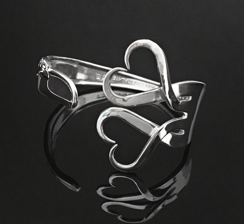 Double Heart Fork Bracelet, Silver Heart Jewelry, Recycled Fork Jewelry, Flatware Silverware Cuff Bracelet image 2