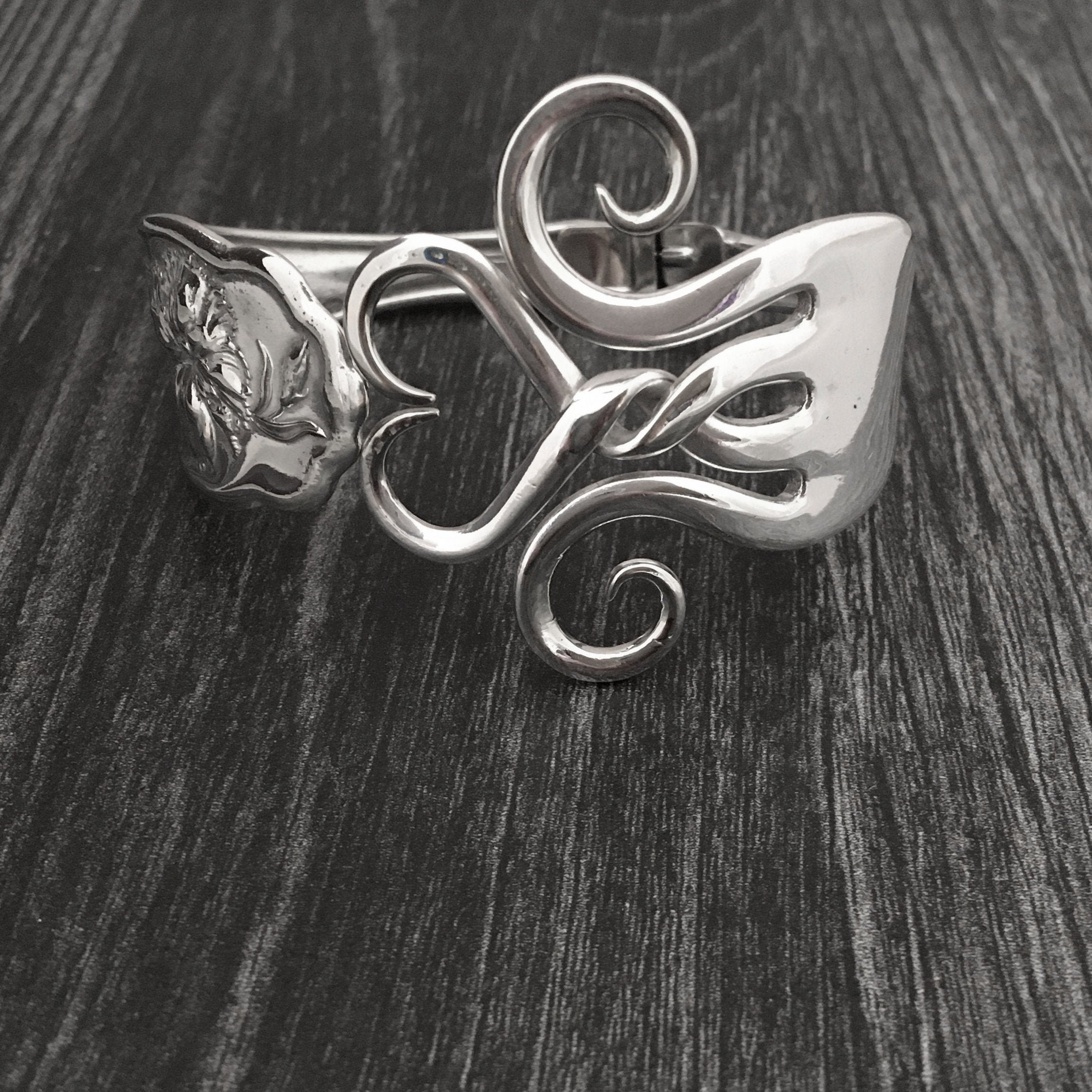 Silver Heart Jewelry, Heart Fork Bracelets, Recycled Flatware Silverware Jewelry, Unique Gifts for Women, Twisted Heart Hinged Bracelet