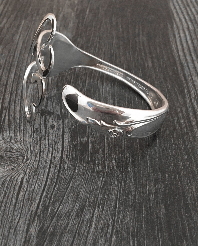 Double Heart Fork Bracelet, Silver Heart Jewelry, Recycled Fork Jewelry, Flatware Silverware Cuff Bracelet image 4
