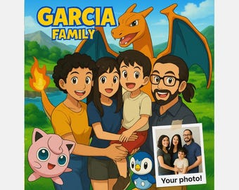 カスタムポケモンポートレートデジタルダウンロード、パーソナライズポケモントレーナーアニメスタイルアート、カップルファミリーペットギフト、ユニークな誕生日壁飾り