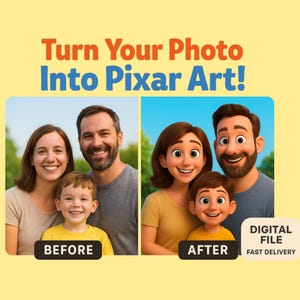 Custom Pixar Style Portrait, 3D Cartoon Drawing from Your Photo, Personalized Digital Art for Couples, Families & Pets, Printable Wall Art!