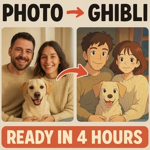 Custom Ghibli Style Portrait, Anime Illustration from Your Photo, High-Res Cartoon Drawing, Printable Personalized Digital Wall Art Download