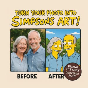 Custom Photo to Simpsons Style Portrait | Photo to Yellow Cartoon Art | Personalized Family & Pet Portraits | Digital Gift | Fast Delivery