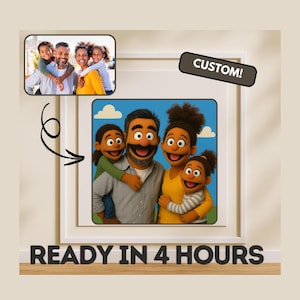 May include: A custom illustration of a family of four, featuring a dad, mum, and two children. The family is depicted in a cartoon style, with the characters having large eyes and smiles. The background is a blue sky with white clouds. The illustration is framed in a white frame with the text "CUSTOM!" in a brown box above the image and "READY IN 4 HOURS" below the image.