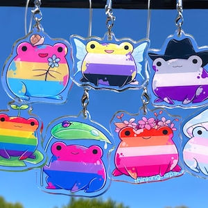 May include: A collection of clear acrylic frog charms, each featuring a different pride flag design. The frogs are in various poses, some with accessories like hats and flowers. The charms are suspended against a bright blue sky.