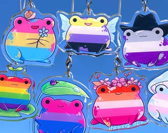 May include: A collection of clear acrylic frog charms, each featuring a different pride flag design. The frogs are in various poses, some with accessories like hats and flowers. The charms are suspended against a bright blue sky.