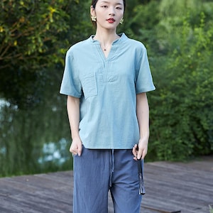 Women&#39;s Summer Cotton Tops Short Sleeves Blouse Casual Loose Kimono Customized Shirt Top Hand Made Plus Size Clothes Linen
