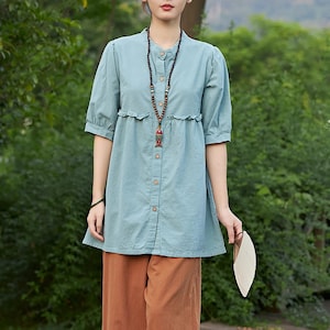 Women&#39;s Summer Cotton Tops Half Sleeves Blouse Casual Loose Kimono Customized Shirt Top Hand Made Plus Size Clothes Linen