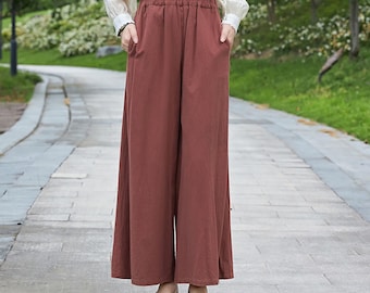 夏用レディース 伸縮性ウエスト コットンパンツ ソフトカジュアル ルーズ ボヘミアン トラウザーズ ワイドレッグパンツ カスタマイズ プラスサイズパンツ リネン スプリングパンツ