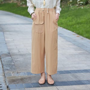 Pantalones de algodón con cintura elástica para mujer, pantalón bohemio, holgado, informal, suave, de pierna ancha, personalizado, de lino, de talla grande, para primavera y verano