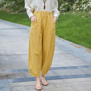 Pantalones de algodón con cintura elástica para mujer, pantalón bohemio, holgado, informal, suave, de pierna ancha, personalizado, de lino, de talla grande, para primavera y verano
