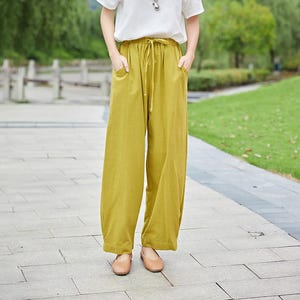 Pantalones de algodón con cintura elástica para mujer, pantalón bohemio, holgado, informal, suave, de pierna ancha, personalizado, de lino, de talla grande, para primavera y verano