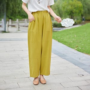 Pantalones de algodón con cintura elástica para mujer, pantalón bohemio, holgado, informal, suave, de pierna ancha, personalizado, de lino, de talla grande, para primavera y verano