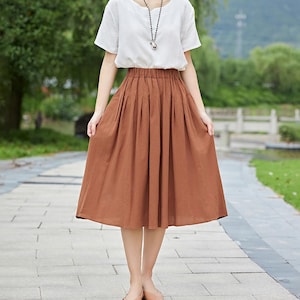 Summer Cotton Skirt Casual Loose Skirts A-line Pleated Elastic Waist Skirt Flared Midi Skirts Customized Plus Size Skirt Boho Linen