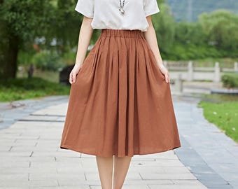 Summer Cotton Skirt Casual Loose Skirts A-line Pleated Elastic Waist Skirt Flared Midi Skirts Customized Plus Size Skirt Boho Linen