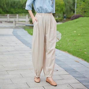 Pantalones de algodón con cintura elástica para mujer, pantalón bohemio, holgado, informal, suave, de pierna ancha, personalizado, de lino, de talla grande, para primavera y verano