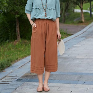 Summer Women Elastic Waist Cotton Pants Cropped Pants Soft Casual Loose Pant Wide Leg Pant Customized Plus Size Pants Linen Spring Pant