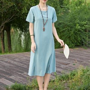 Summer Cotton Dress Casual Loose Tunics Short Sleeves Shirt Robes Midi Dresses Customized Dress Plus Size Clothes Linen