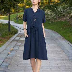 Summer Cotton Dress Casual Loose Tunics Short Sleeves Shirt Robes Midi Dresses Customized Dress Plus Size Clothes Linen