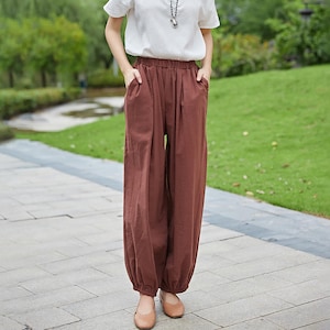 Summer Women Elastic Waist Cotton Pants Soft Casual Loose Boho Trousers Wide Leg Pant Customized Plus Size Pants Linen Spring Pant