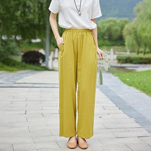 Summer Women Elastic Waist Cotton Pants Soft Casual Loose Boho Trousers Wide Leg Pant Customized Plus Size Pants Linen Spring Pant