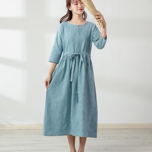 Summer Jacquard Dress Casual Loose Tunic 3/4 Sleeve Shirt Robe Midi Dress Custom Dress Large Size Jacquard Dress Plus Size Dress