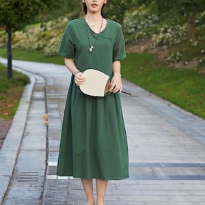 Summer Cotton Dress Casual Loose Tunics Short Sleeves Shirt Robes Midi Dresses Customized Dress Plus Size Clothes Linen