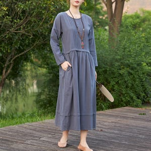 Summer Cotton Dress Casual Loose Tunics Long Sleeves Shirt Robes Maxi Dresses Customized Dress Plus Size Clothes Linen