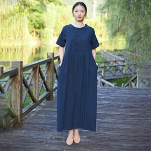 Summer Cotton Dress Casual Loose Tunics Short Sleeves Shirt Robes Midi Dresses Customized Dress Plus Size Clothes Linen