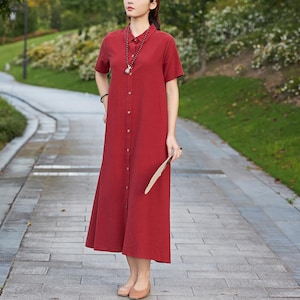 Summer Cotton Dress Casual Loose Tunics Short Sleeves Shirt Robes Midi Dresses Customized Dress Plus Size Clothes Linen