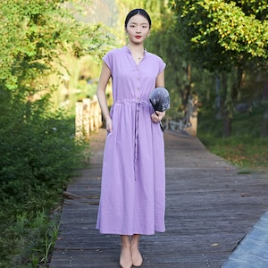 Summer Cotton Dress Casual Loose Tunics Short Sleeves Shirt Robes Midi Dresses Customized Dress Plus Size Clothes Linen