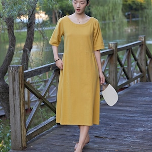 Summer Cotton Dress Casual Loose Tunics Half Sleeves Shirt Robes Midi Dresses Customized Dress Plus Size Clothes Linen